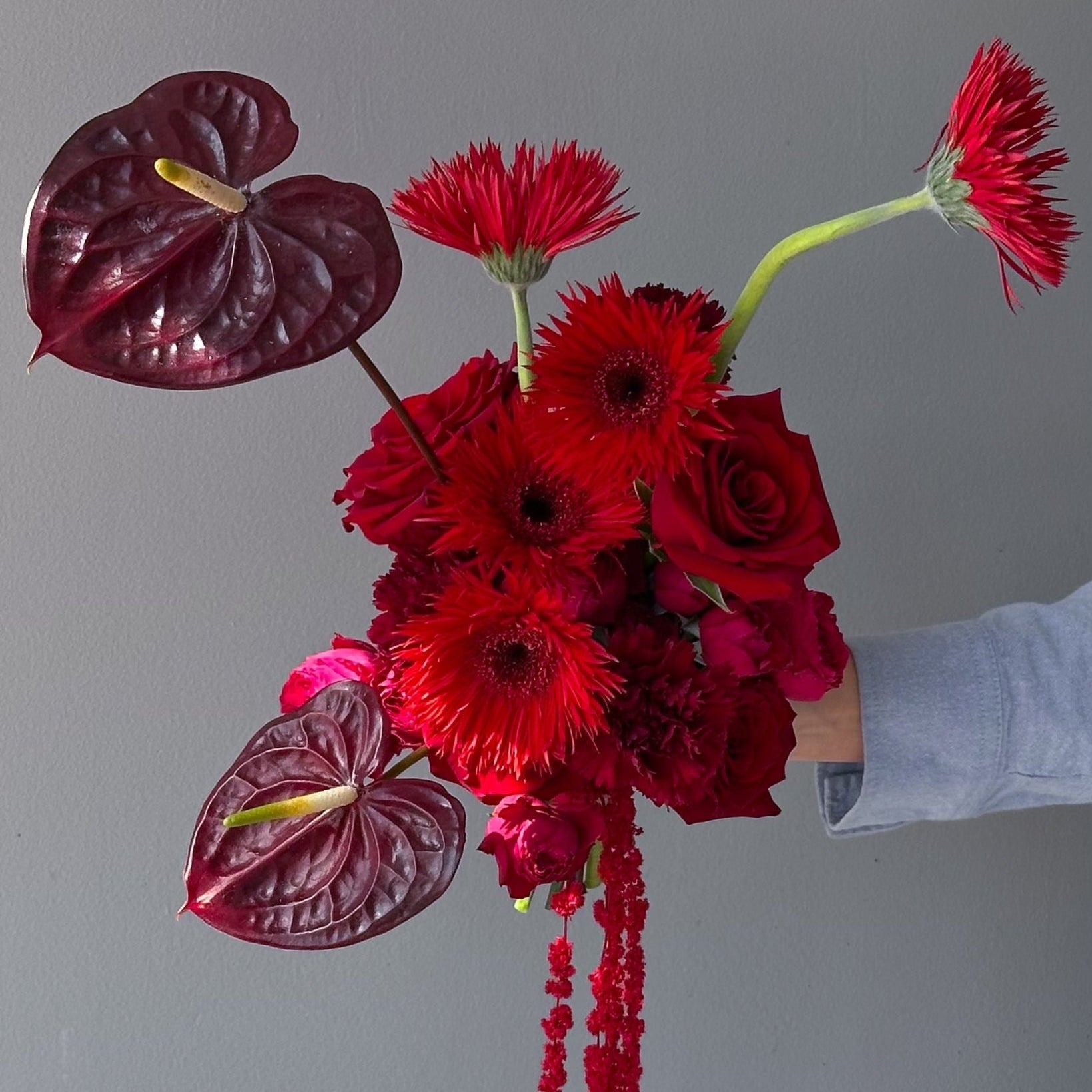 Wedding Bouquet “Rouge” - roses, anthuriums, seasonal flowers - All Me Flowers