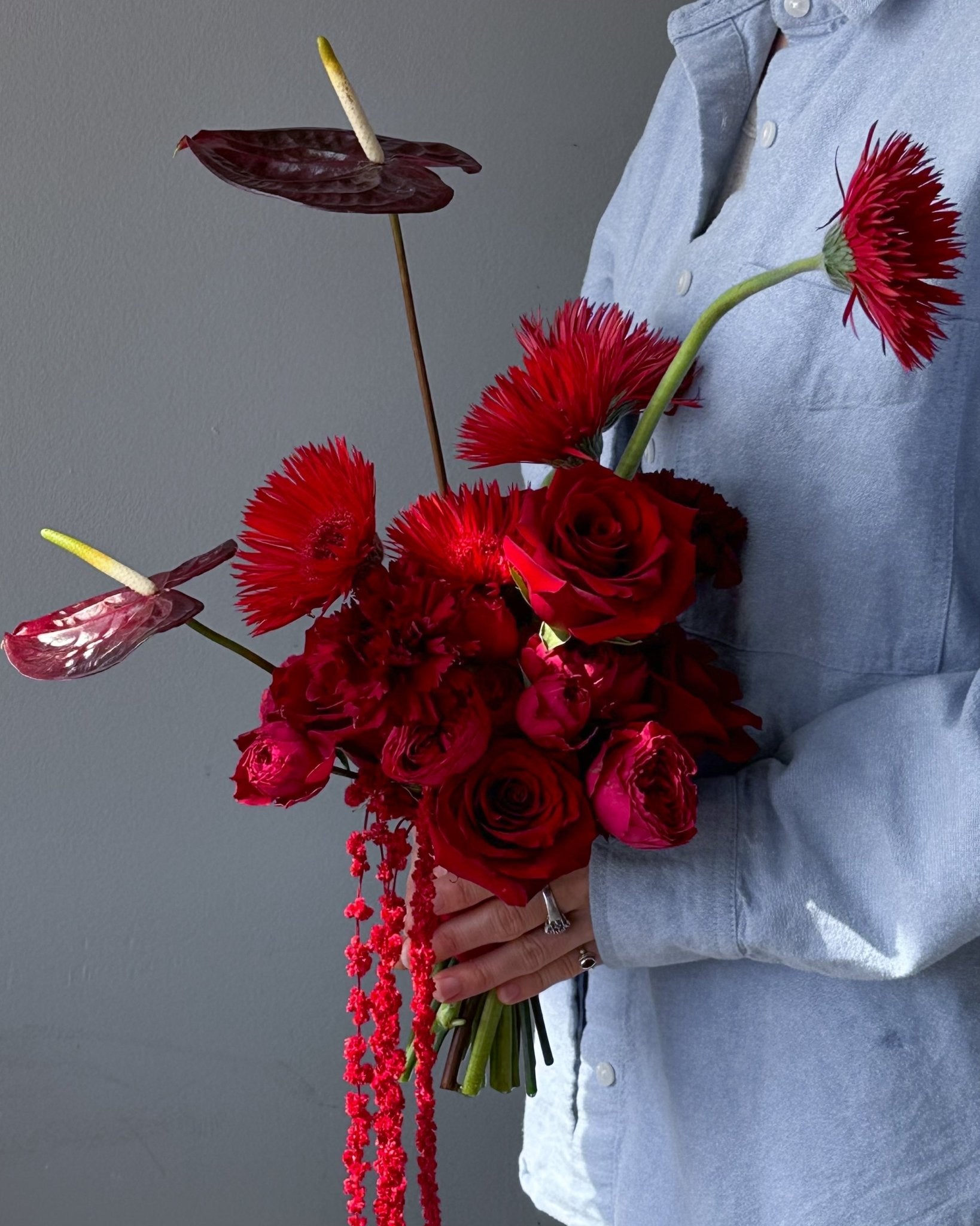 Wedding Bouquet “Rouge” - roses, anthuriums, seasonal flowers - All Me Flowers